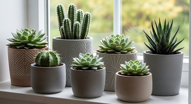 Collection of succulents and cacti on a window sill - Powered by Adobe