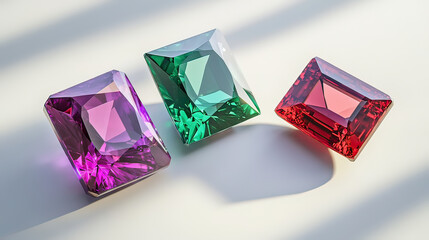 Ruby sapphire and emerald gemstone set neatly arranged on transparent background