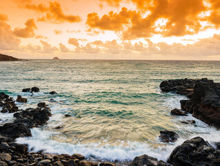 Sunrise On The Volcanic Shoreline of Kumimi Point, Molokai, Hawaii, USA