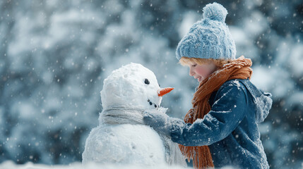 Little boy building snowman in wintry park, enjoying winter activities and happy childhood memories