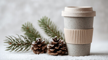 Reusable Coffee Cup with Winter Beverage and Eco-Friendly Elements