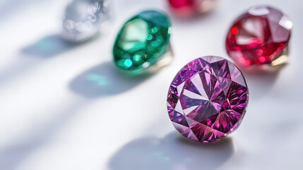 Ruby sapphire and emerald gemstone set neatly arranged on transparent background