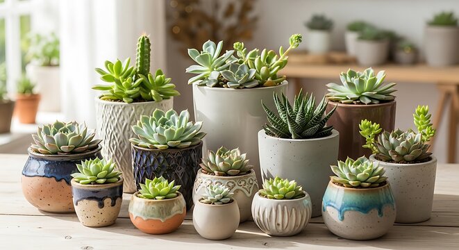 Collection of potted succulents and cacti on table indoors
