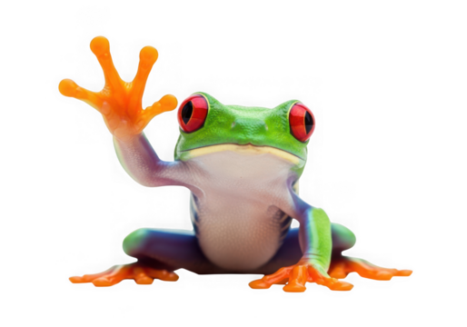 A curious red eyed tree frog waving hello isolated on transparent background