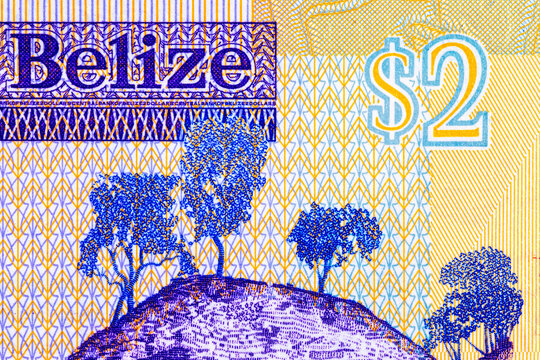 2 Dollars, Belize with the image of fragments for design. National currency of Belize. Money of the colonies of Great Britain.