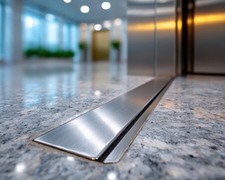 Close-up view of polished granite flooring with metallic elevator threshold, reflecting ambient light in a modern building lobby, showcasing contemporary architectural design