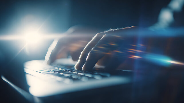 Cybernetic Fingers Typing on Illuminated Keyboard - Mysterious Digital World with Glowing Data Streams