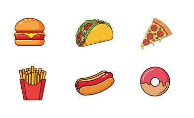 A colorful and vibrant collection of popular fast food items including a burger, taco, pizza, fries, hot dog, and donut.