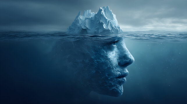 Human face shaping a psychological iceberg concept