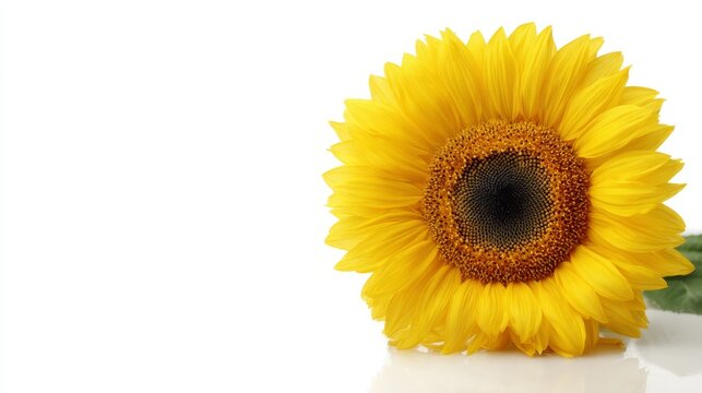 Bright yellow sunflower in full bloom with detailed petals isolated on white background with warm natural lighting and ample copy space on right - Powered by Adobe