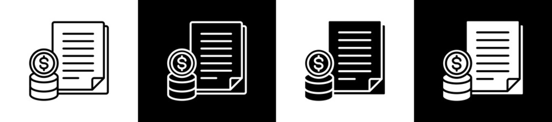 Financial icon variations in line and glyph style on black and white background