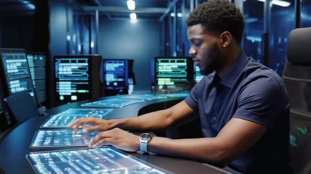 Man Operating Futuristic Holographic Control Panels in High-Tech Command Center