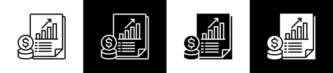 Financial icon variations in line and glyph style on black and white background
