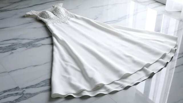 White wedding dress with lace bodice gently laid on a luxurious marble floor.