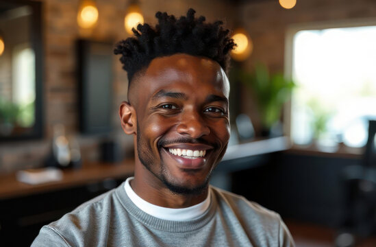 happy young african american man with stylish haircut smiling in modern barbershop. confident portrait. men's grooming, self-care, and beauty concept. - Powered by Adobe