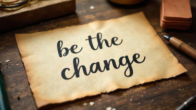 inspirational quote "be the change" written in script on aged parchment on wooden table. motivational message for personal growth and positivity. poster, social media graphic.