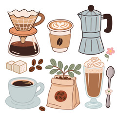 Coffee Elements Set in Hand-Drawn Style for Café Decor Illustration