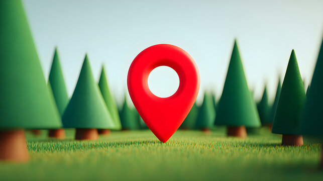 Red location pin marker finding a destination in a forest