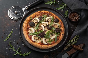Truffle Mushroom Pizza with Herbs on Black Surface nice