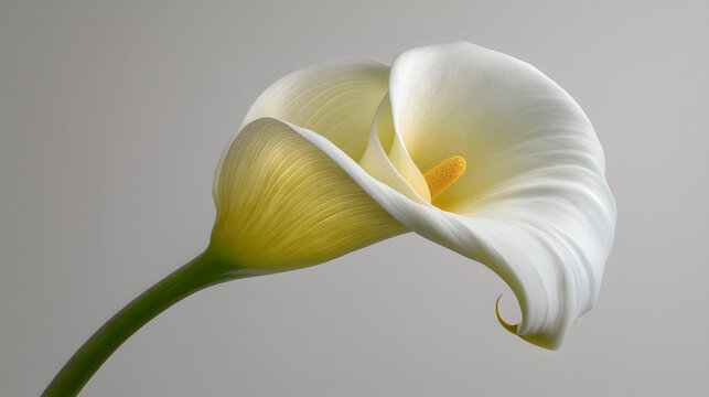 Closeup of a single white calla lily flower with yellow spadix