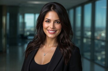 A confident brunette professional woman smiling in a modern office with expansive cityscape windows.