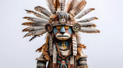 Kachina doll isolated on white background, representing a spirit in hopi culture