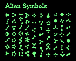 Vector illustration showcases neon green, organic alien symbols on a solid black background. The style is playful and futuristic, using rounded, abstract shapes to create a cosmic sci-fi theme.
