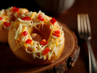 Savory bagel topped with shredded cheese and diced tomatoes