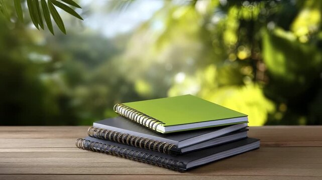 Three spiral notebooks one lime green and two dark gray are stacked on a wooden table in a natural leafy setting