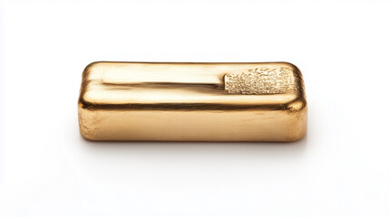 Glimmering gold ingot sits on a smooth surface, reflecting light in a well-lit studio setting