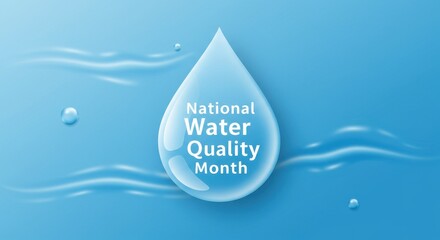 large droplet with text "national water quality month" on blue background with ripples and small droplets. water conservation and environmental awareness. banner, educational material.