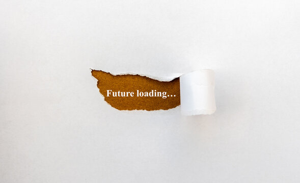 The text “future loading…” appears behind torn white paper, realistic concept, close-up with visible paper fibers and irregular edges, subtle gray background, symbolic of progress and the future