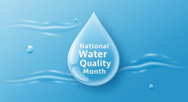 large droplet with text "national water quality month" on blue background with ripples and small droplets. water conservation and environmental awareness. banner, educational material. - Powered by Adobe