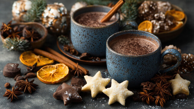 Delicious cacao for winter with Christmas seasonings. Together, an