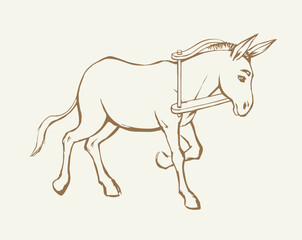 Vector drawing. Cute old mule