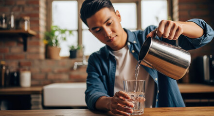 young man pouring fresh, clean water into glass in cozy kitchen. importance of hydration and liquid quality. health, lifestyle