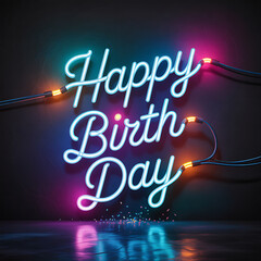 Vibrant neon sign wishing a happy birthday with festive confetti adding a celebratory touch, perfect for greeting cards and party invitations with a modern twist
