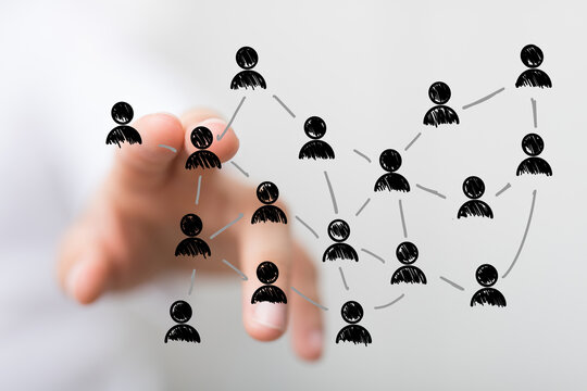 Hand touching human network illustration. Conceptual business and global connections concept. Teamwork and social media. - Powered by Adobe