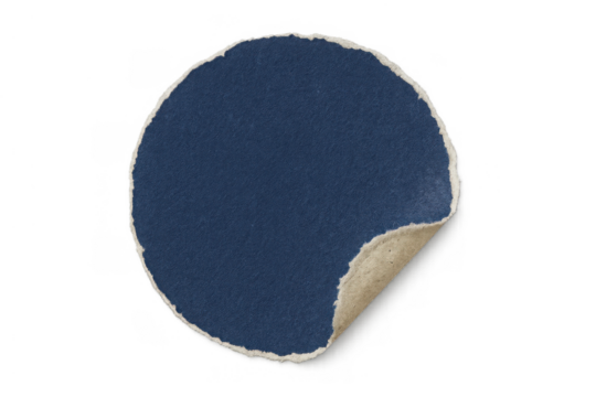 Torn blue round paper sticker peeling back, revealing textured edge, blank label mockup, transparent background