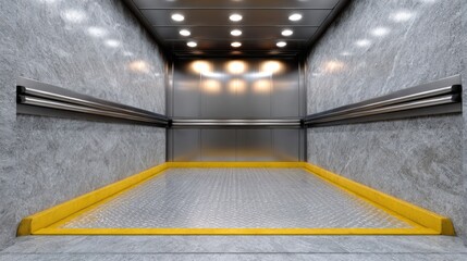 Modern elevator interior with sleek metallic walls and bright ceiling lights, featuring a textured floor and yellow safety edge, showcasing contemporary design and functionality
