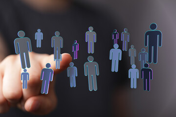 Abstract image representing a network or social connection with human figures and finger touch, highlighting te