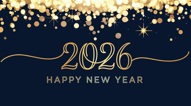 Elegant golden inscription 2026 happy new year with sparkling festive lights and confetti on a dark blue background, celebrating the upcoming year with joy and prosperity