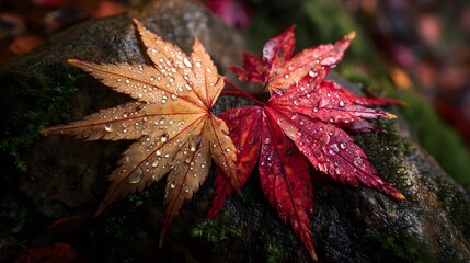 Close up of colorful maple leaves with water droplets on a mossy rock