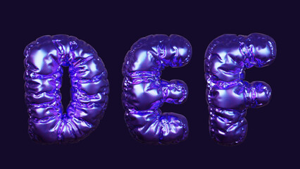 Inflatable purple metallic font letters D, E, and F in 3D rendering on a dark background