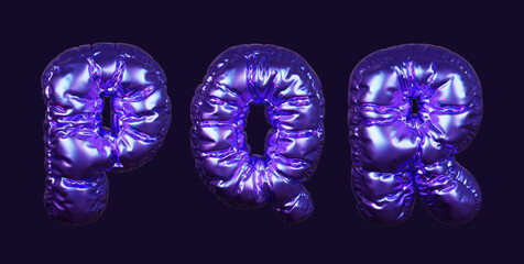 Inflatable purple metallic font letters P, Q, and R in 3D rendering on a dark background
