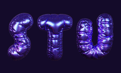 Inflatable purple metallic font letters S, T, and U in 3D rendering on a dark background