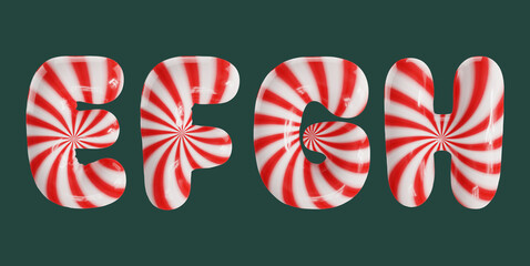 Candy cane striped balloon font letters E F, G, H in a glossy 3D rendering, isolated on a dark green background.