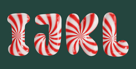 Candy cane striped balloon font letters I, J, K, L in a glossy 3D rendering, isolated on a dark green background.