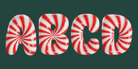 Candy cane striped balloon font letters A, B, C, D in a glossy 3D rendering, isolated on a dark green background.