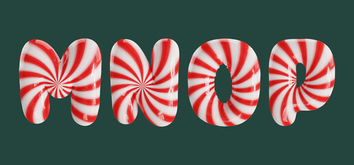 Candy cane striped balloon font letters M, N, O, P in a glossy 3D rendering, isolated on a dark green background.